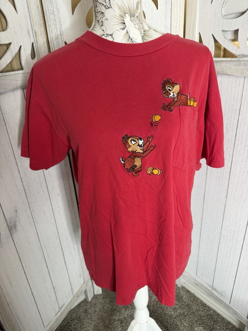 Vintage Disney Mickey Inc T-Shirt Chipmunks Chip Dale Red Embroidered Small